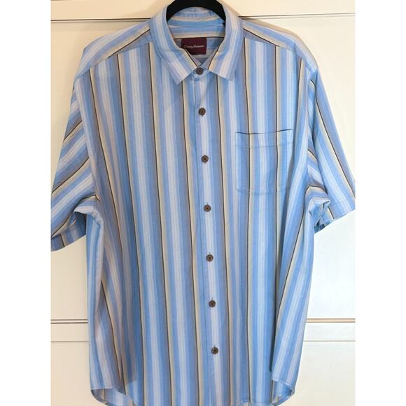 Tommy Bahama Blue Striped 100% Silk Hawaiian Camp Shirt - Men's Size L - Picture 1 of 4